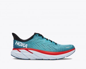 Turquoise / Red HOKA Clifton 8 Men's Running Shoes | 2901756-VX