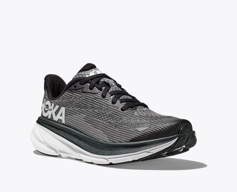 Black / White HOKA Clifton 9 Kids' Running Shoes | 2316705-RD