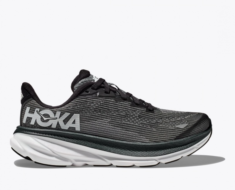 Black / White HOKA Clifton 9 Kids\' Running Shoes | 2316705-RD