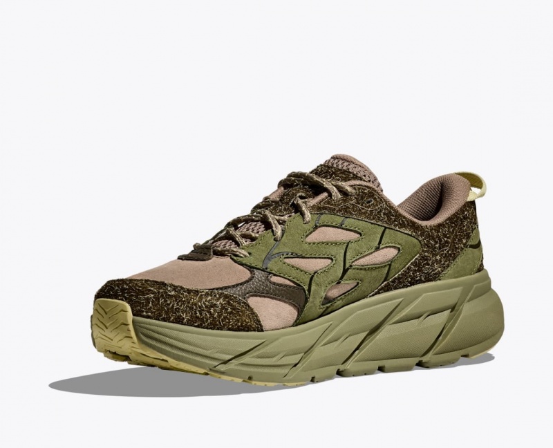 Green / Dark Brown HOKA Elite Terrain System Clifton L Suede Women's Sneakers | 4031987-JP