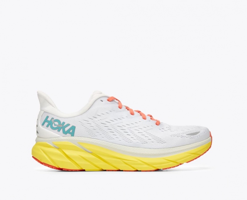 White / Yellow HOKA Clifton 8 Men\'s Running Shoes | 2398715-OM